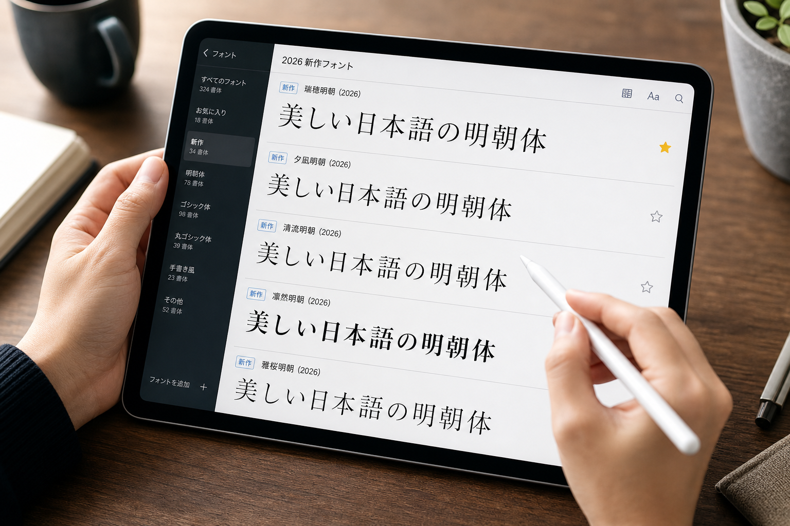タブレットでフォント選びをするデザイナーの手元アップ。画面には複数の日本語明朝体が並んでいる