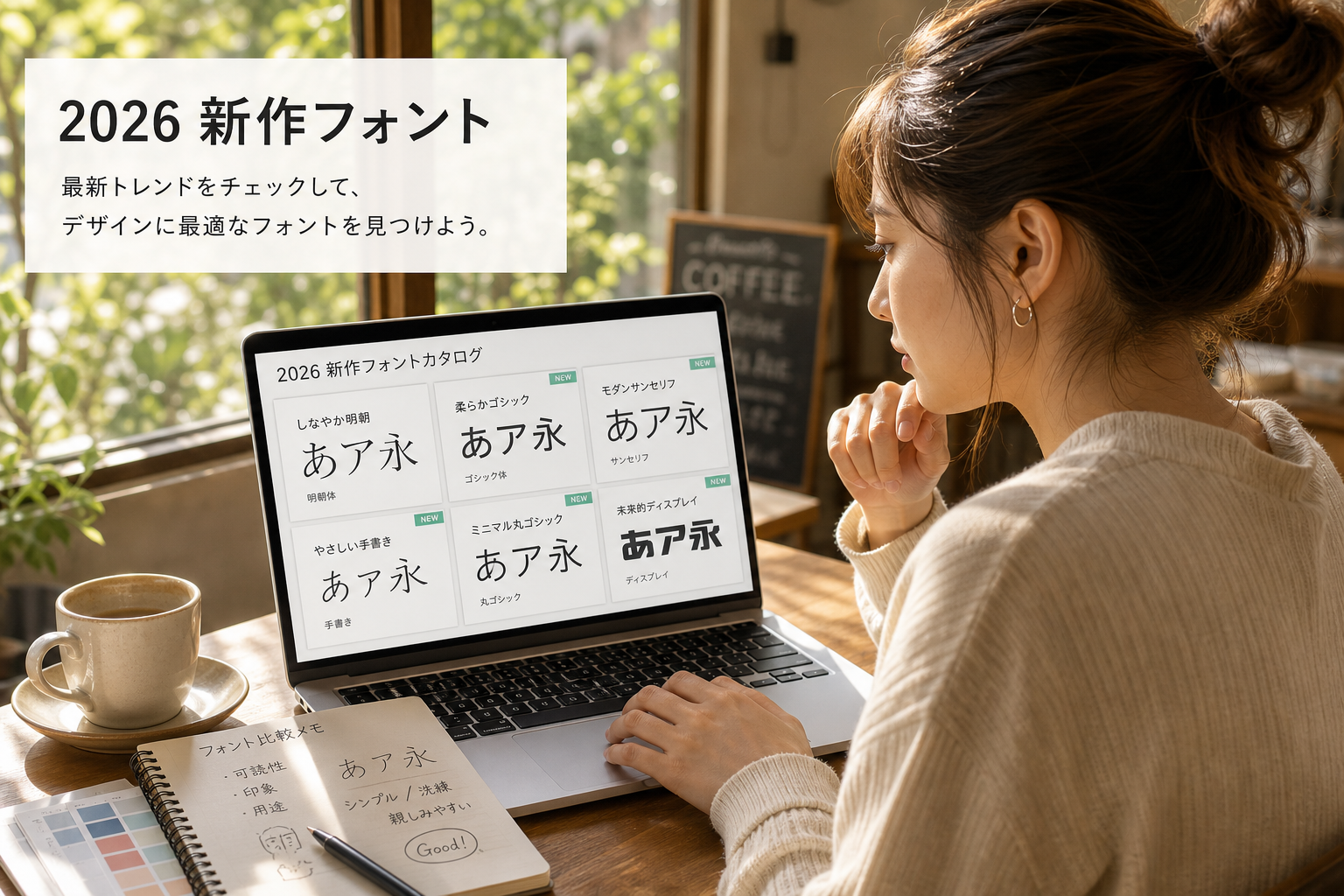 カフェでノートパソコンを開きフォントカタログを比較する20代女性デザイナー。柔らかな午後の光