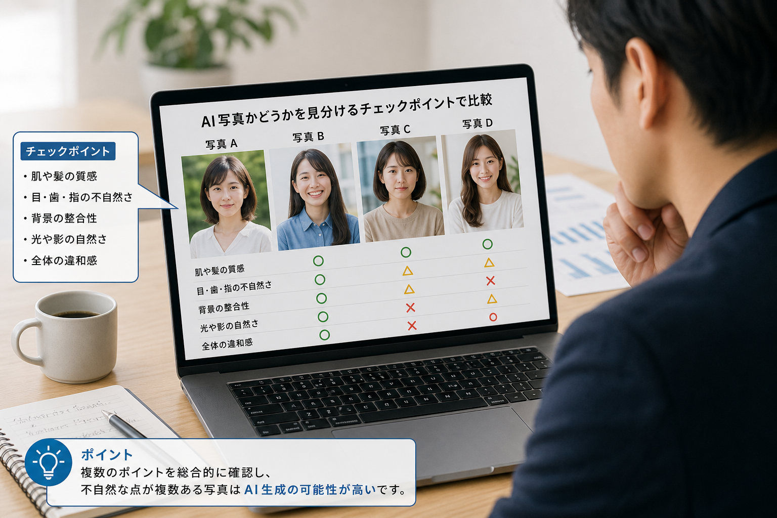 ノートパソコンの画面に並んだ複数の人物写真を見比べながら確認する30代のマーケティング担当者