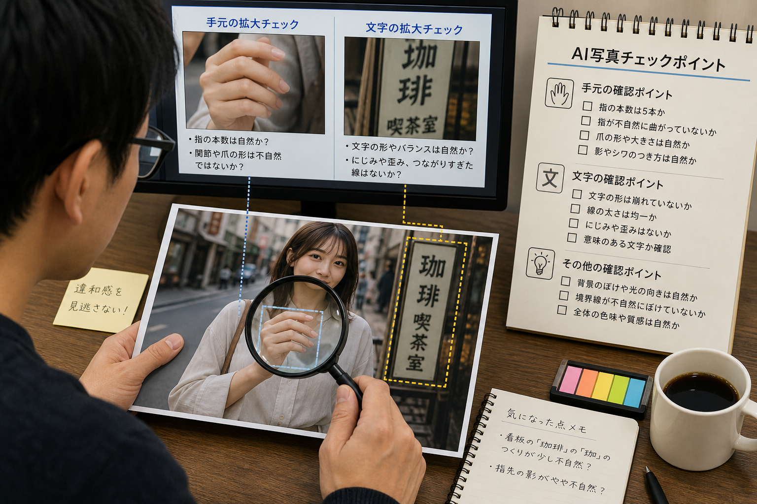 拡大鏡で人物写真の手元と背景の看板の文字を細かく検証している編集者のデスク
