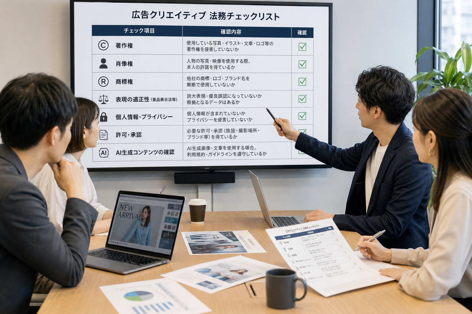 会議室で広告クリエイティブの法務チェックリストを確認している複数の担当者
