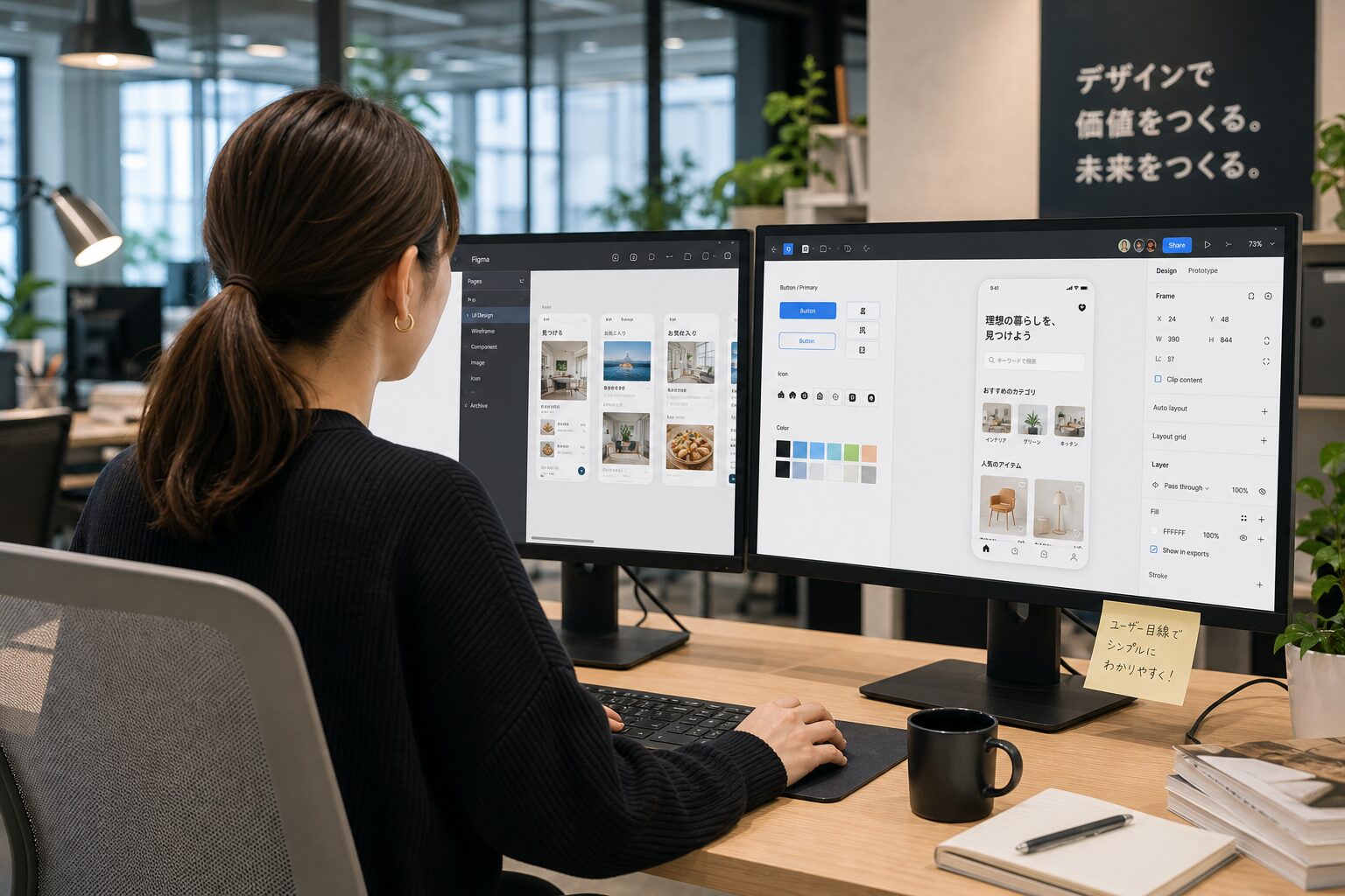 モニター2台でFigmaのUIデザインを編集する30代女性デザイナーの後ろ姿、モダンなオフィス