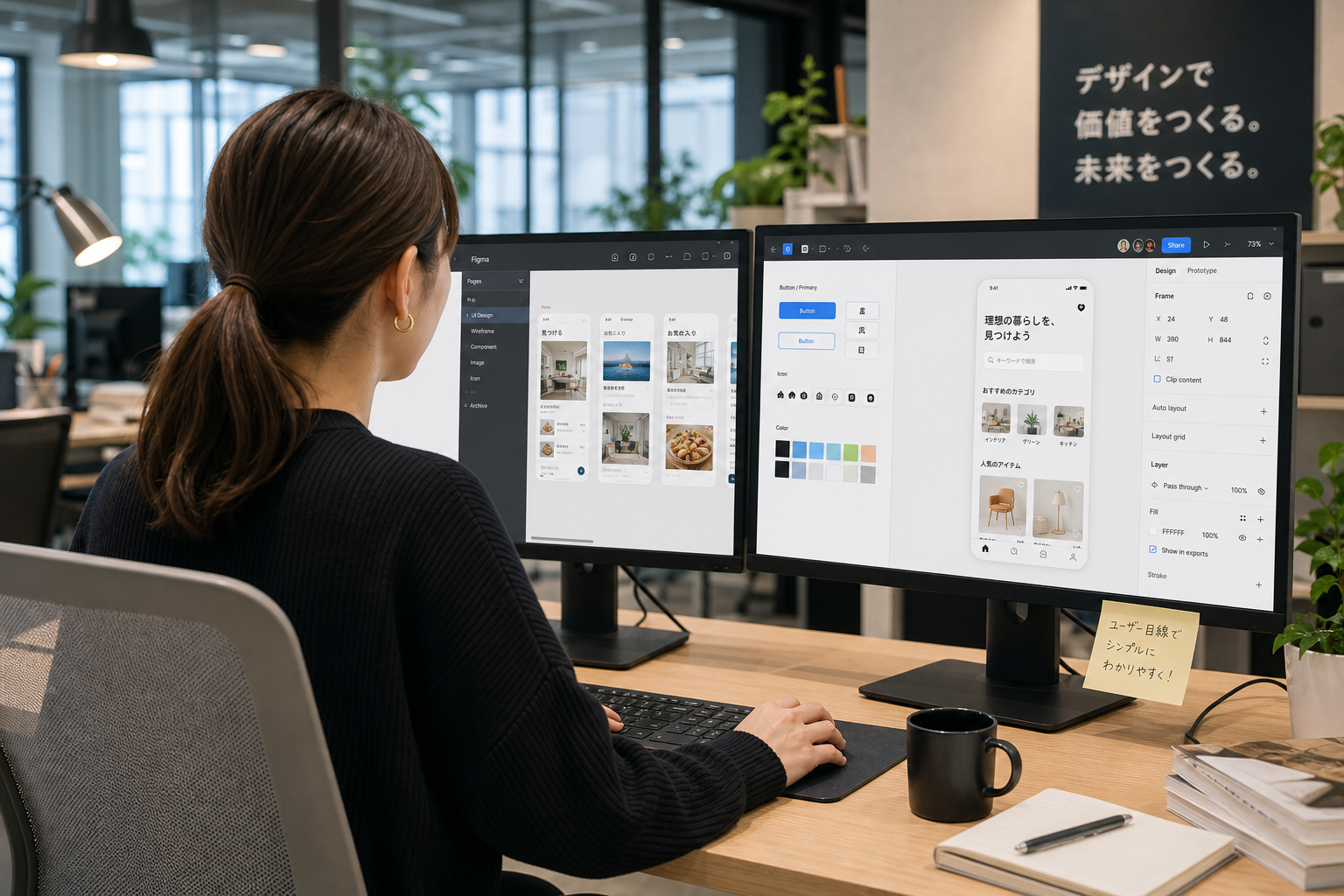 モニター2台でFigmaのUIデザインを編集する30代女性デザイナーの後ろ姿、モダンなオフィス