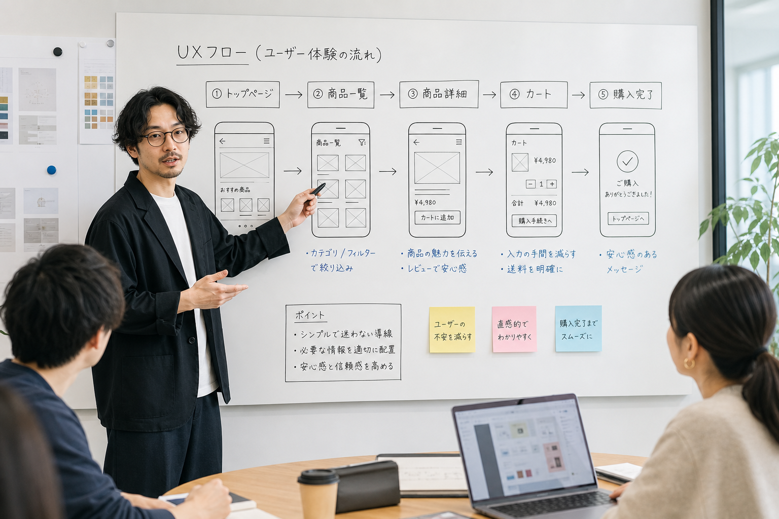 ホワイトボードの前でチームメンバーにUXフローを説明するアートディレクター風の男性