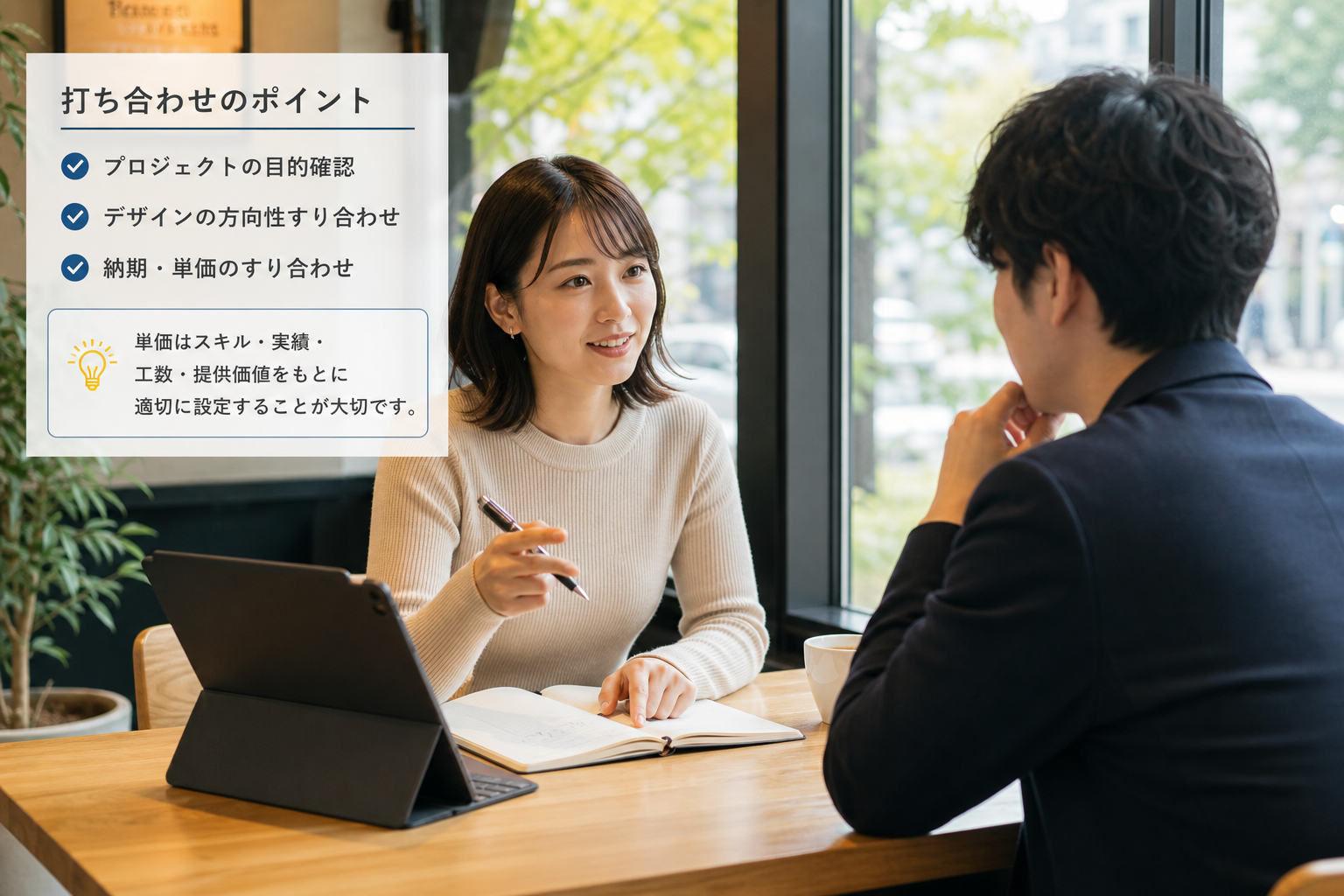 カフェの窓際の席でクライアントと打ち合わせをしているフリーランスデザイナー、テーブルにはノートとタブレット