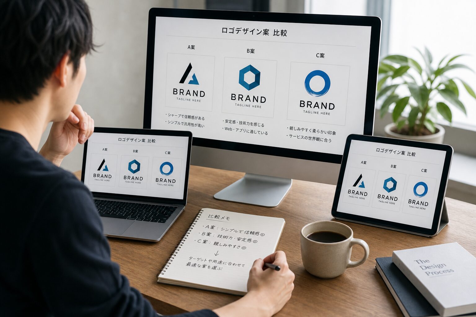 複数のデバイスでデザイン案を比較検討しているフリーランスデザイナー、デスク上にはコーヒーカップとメモ帳