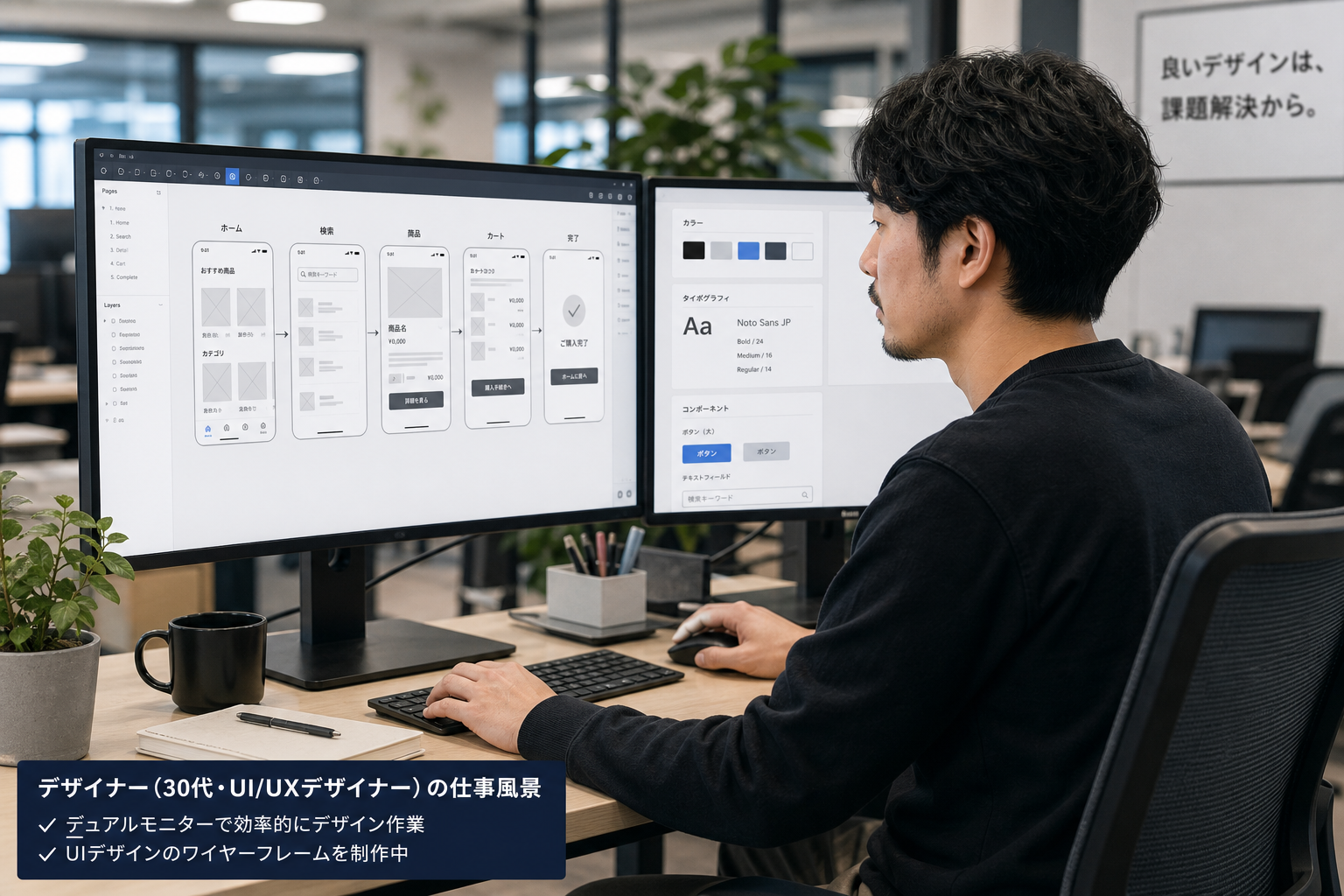 モダンなオフィスでデュアルモニターを使ってデザイン作業をする30代の日本人デザイナー、画面にはUIデザインのワイヤーフレームが表示されている