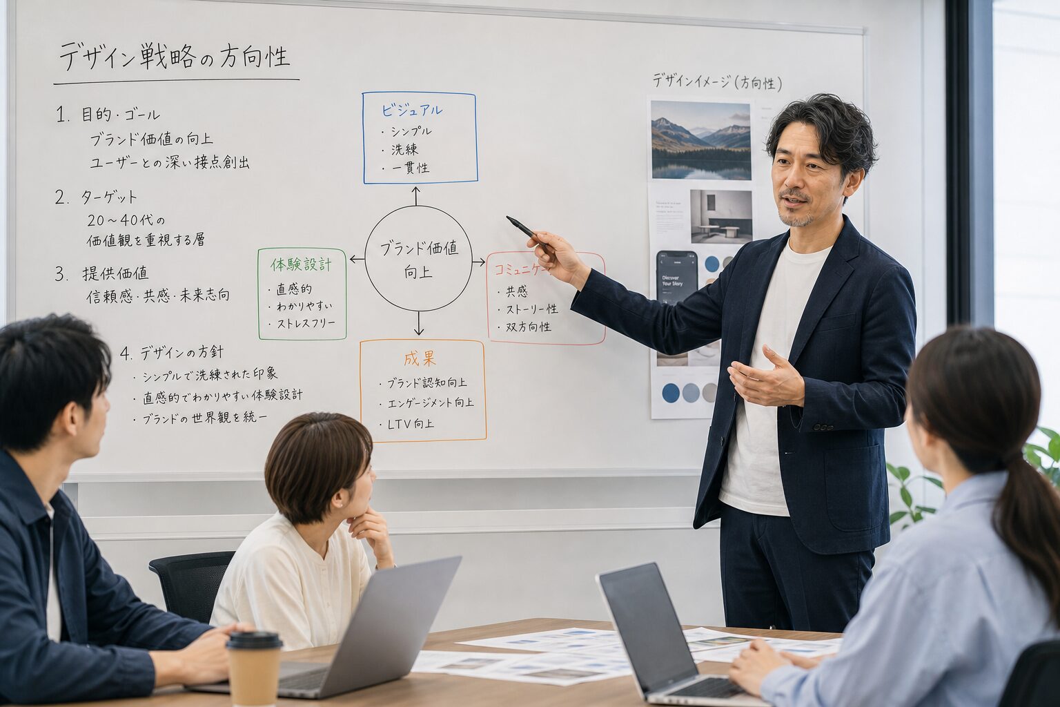会議室でメンバーにデザインの方向性を説明する40代のクリエイティブディレクター、ホワイトボードには戦略図が描かれている