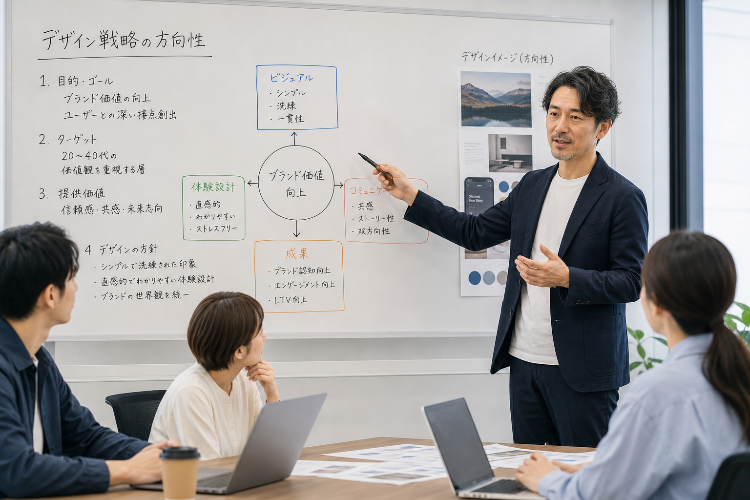 会議室でメンバーにデザインの方向性を説明する40代のクリエイティブディレクター、ホワイトボードには戦略図が描かれている