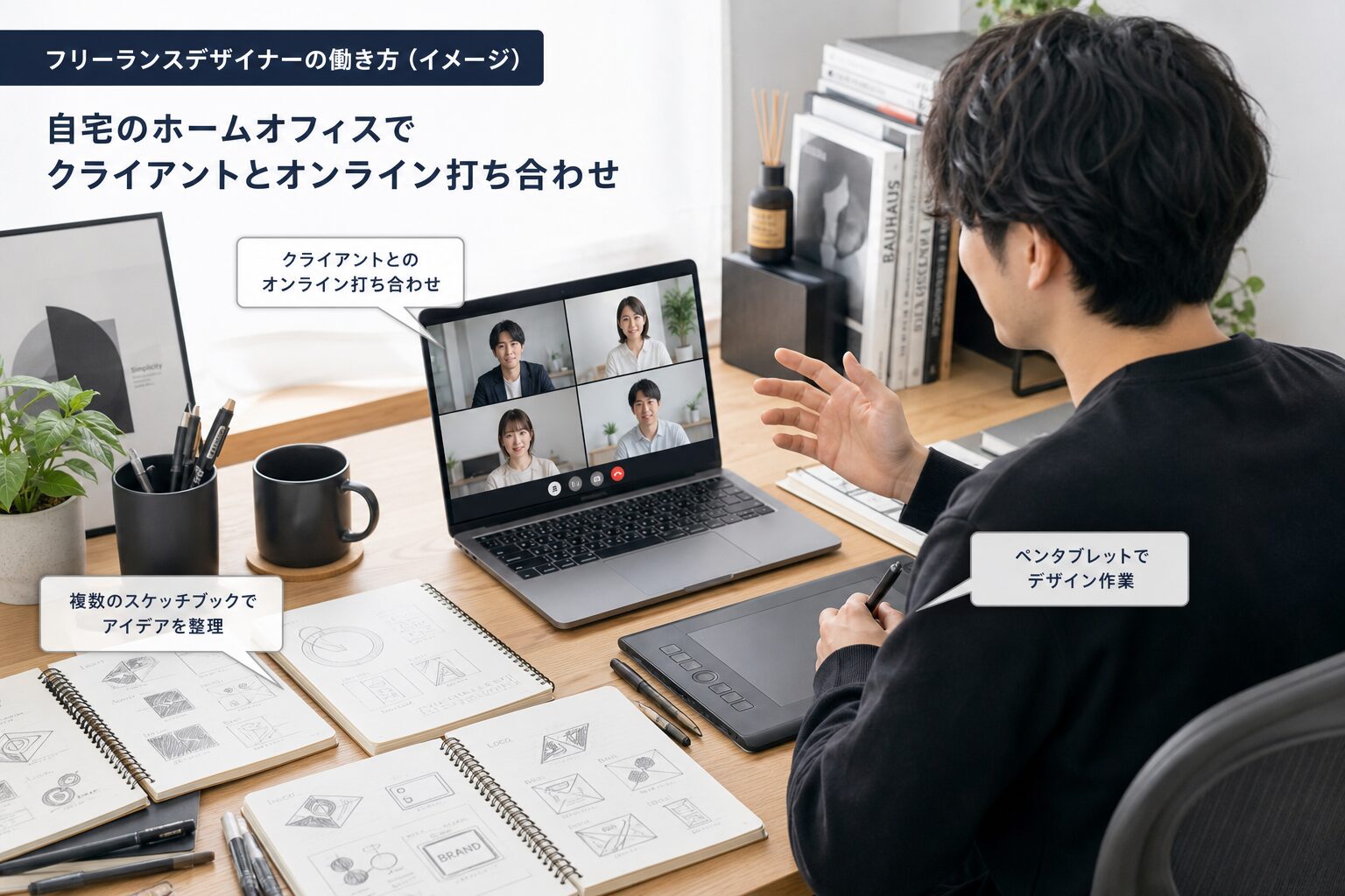 自宅のホームオフィスでノートPCに向かいクライアントとオンライン打ち合わせをするフリーランスデザイナー、デスクには複数のスケッチブックとペンタブレット