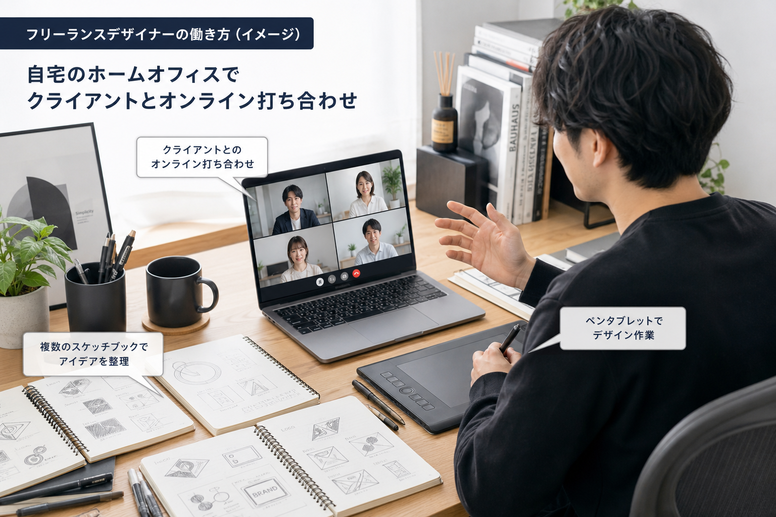 自宅のホームオフィスでノートPCに向かいクライアントとオンライン打ち合わせをするフリーランスデザイナー、デスクには複数のスケッチブックとペンタブレット