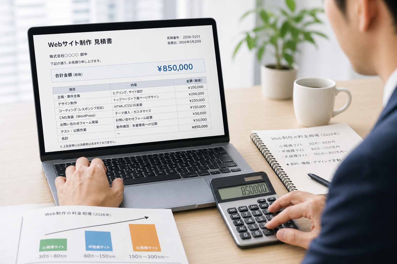 ノートパソコンの画面でWebサイトの見積書を確認しながら電卓を叩く30代のビジネスパーソンの手元、明るいオフィス