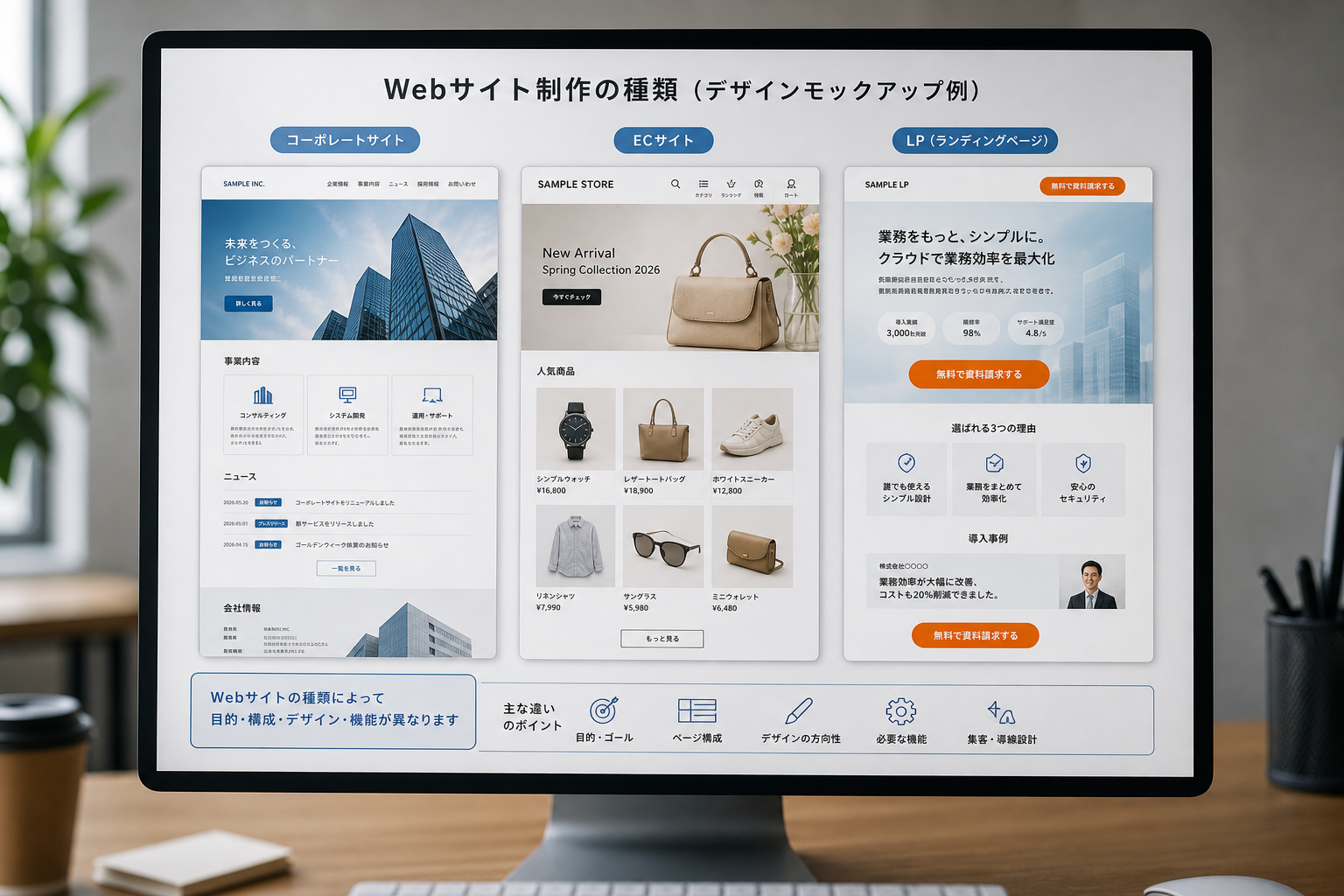 コーポレートサイト・ECサイト・LPなど複数のWebサイトのモックアップが並ぶデザイナーのモニター画面