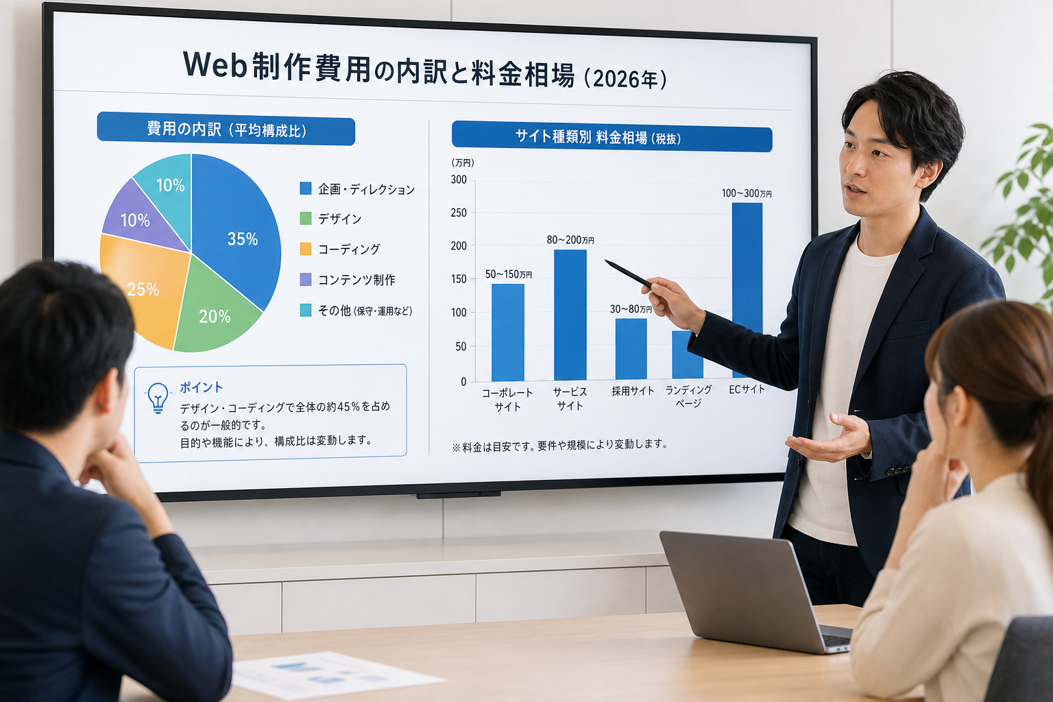円グラフと棒グラフで構成されたWeb制作費用の内訳資料を会議室で説明する制作ディレクターの様子