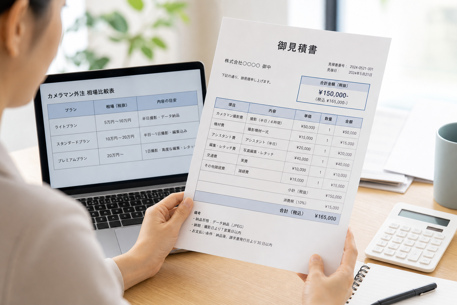 明るいオフィスでノートパソコンを見ながら見積書を確認する30代の女性担当者の手元のクローズアップ