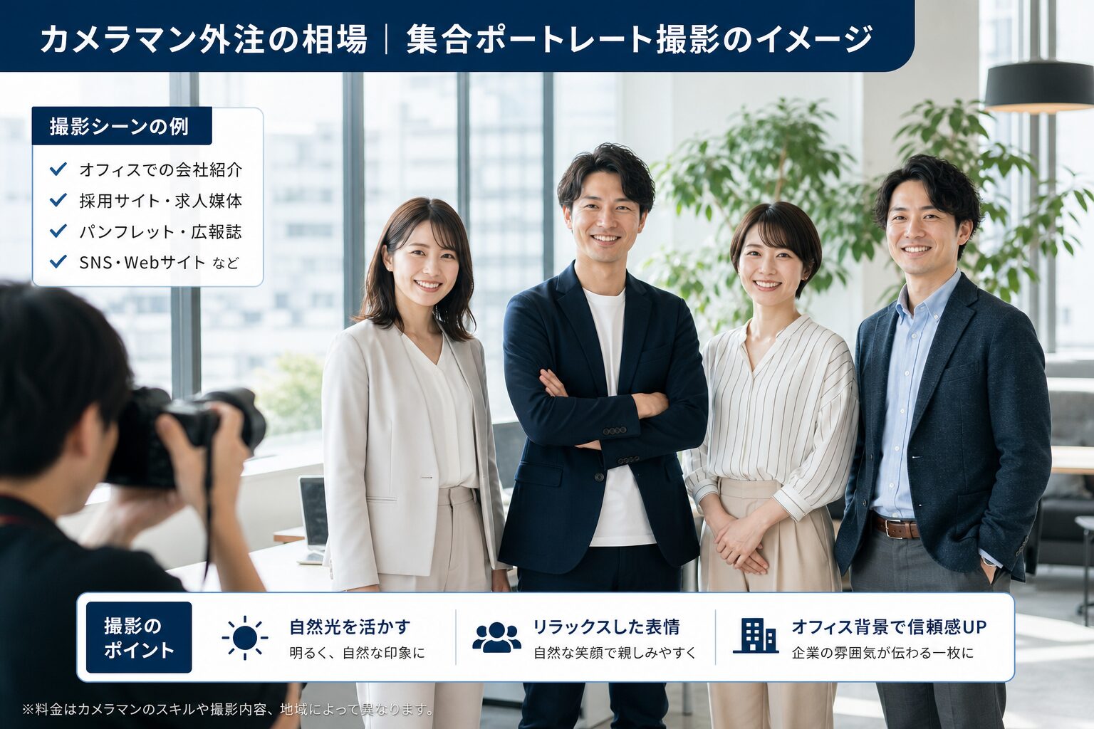 モダンなオフィスで自然光のもと笑顔でカメラに向かう30代の日本人ビジネスパーソン4名の集合ポートレート撮影風景