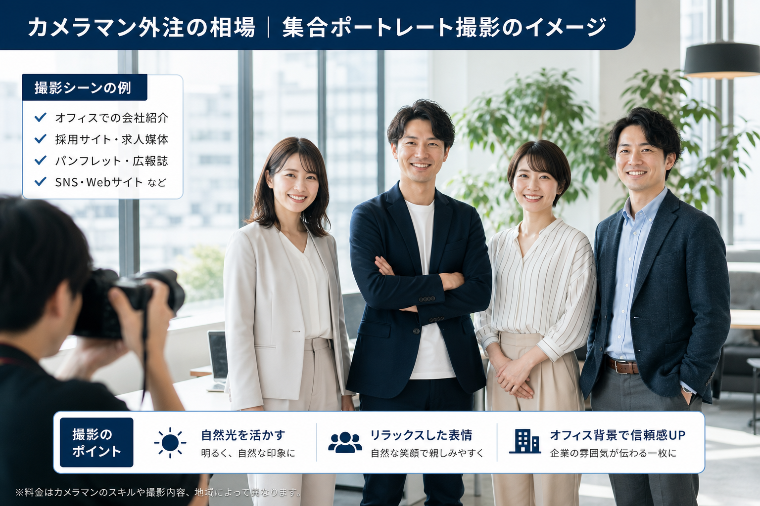 モダンなオフィスで自然光のもと笑顔でカメラに向かう30代の日本人ビジネスパーソン4名の集合ポートレート撮影風景