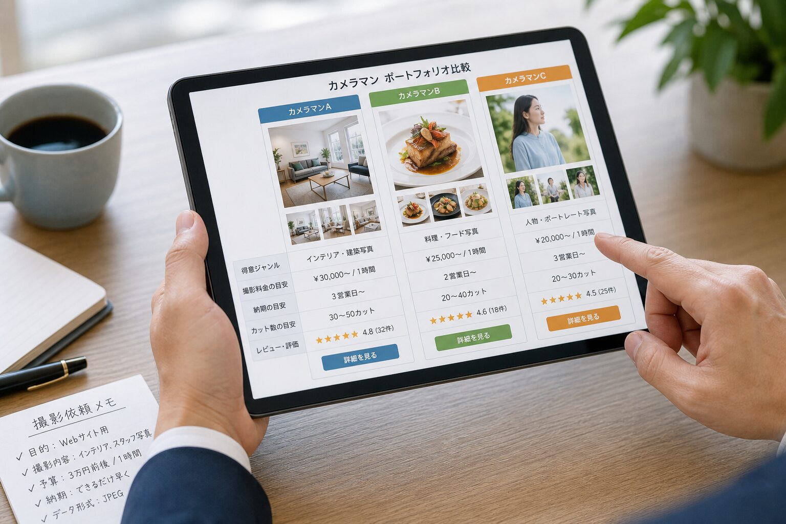 タブレットでカメラマンのポートフォリオサイトを比較検討するビジネスパーソンの手元と画面