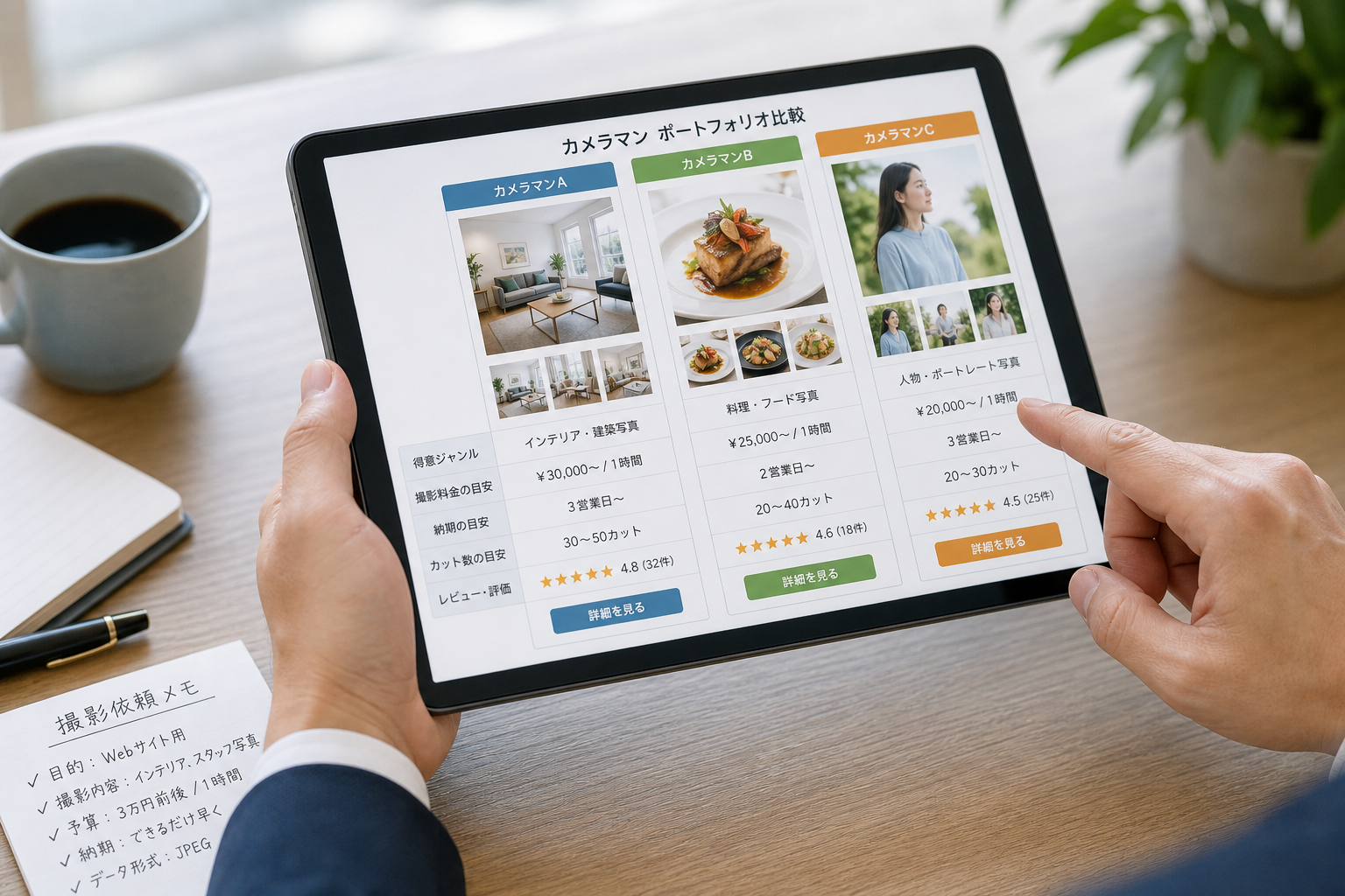 タブレットでカメラマンのポートフォリオサイトを比較検討するビジネスパーソンの手元と画面