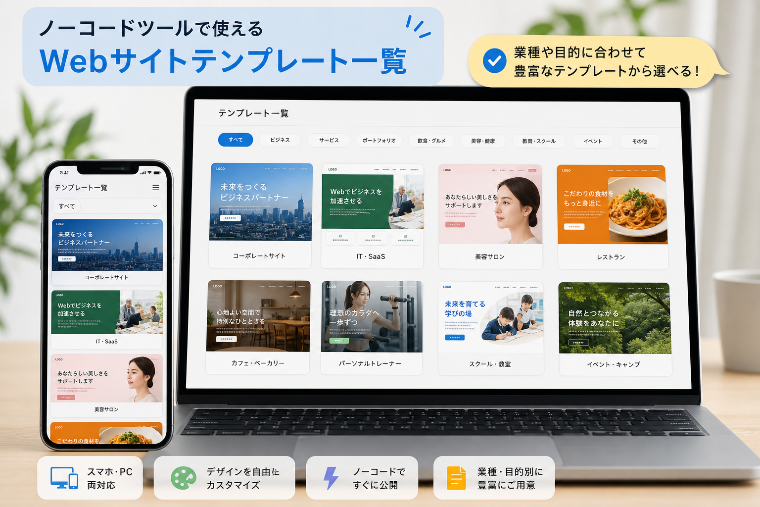 スマートフォンとノートパソコンの画面に表示された色とりどりのWebサイトテンプレート一覧
