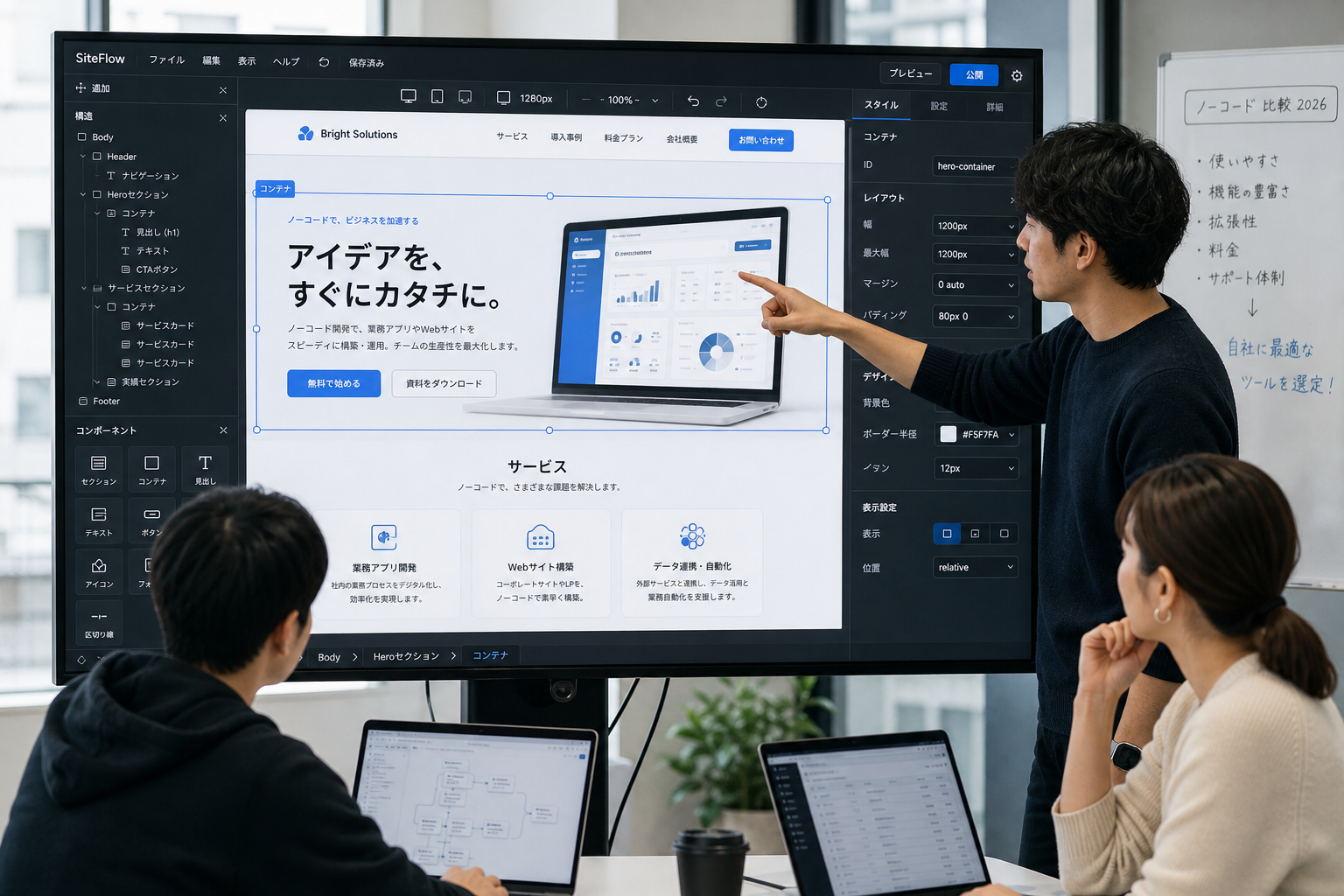 大型モニターに表示された複雑なWebサイトのデザインエディタ画面と、それを操作する複数の開発者の様子