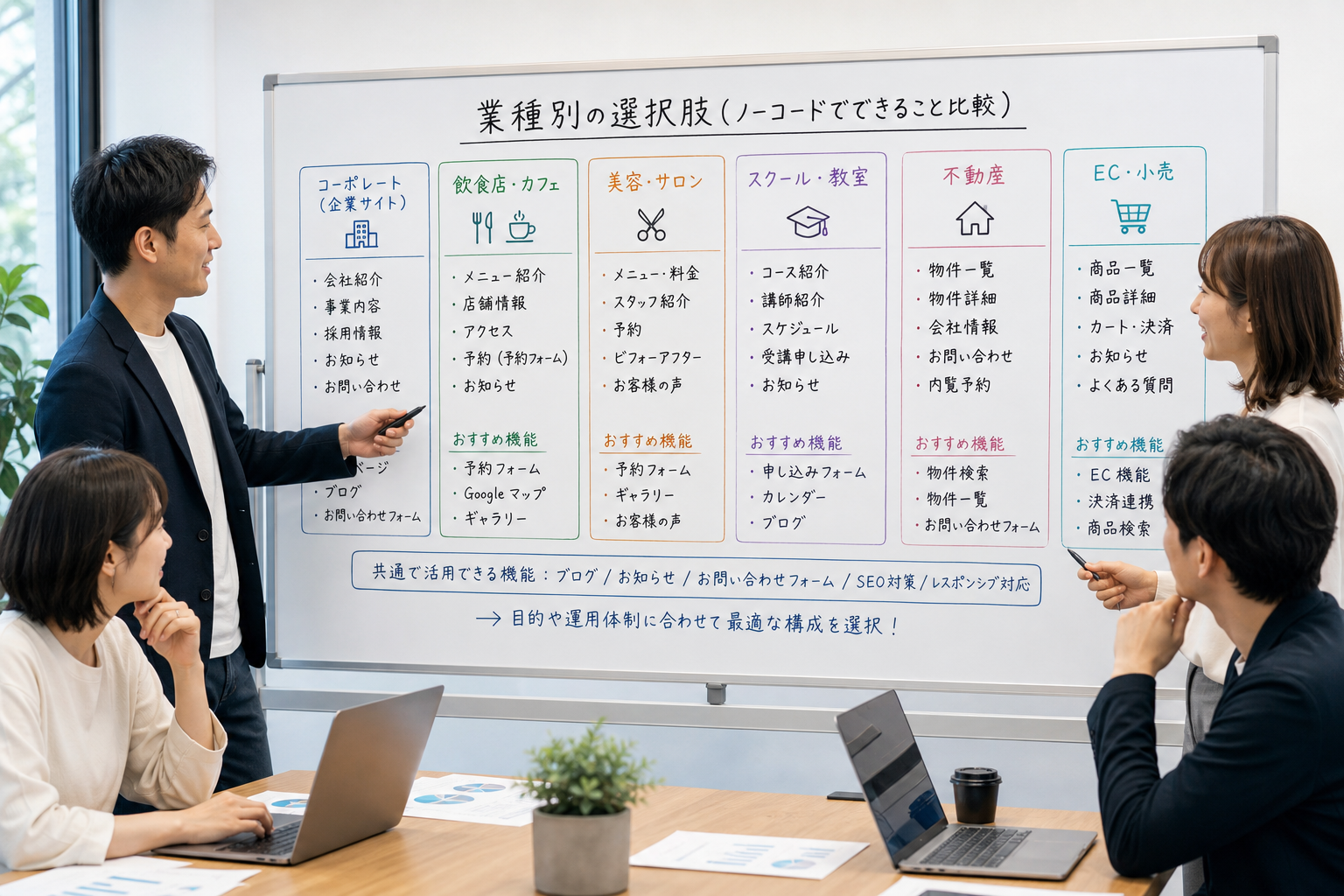 会議室のホワイトボードに業種別の選択肢を整理して書き出し、複数のメンバーが議論しているビジネスシーン
