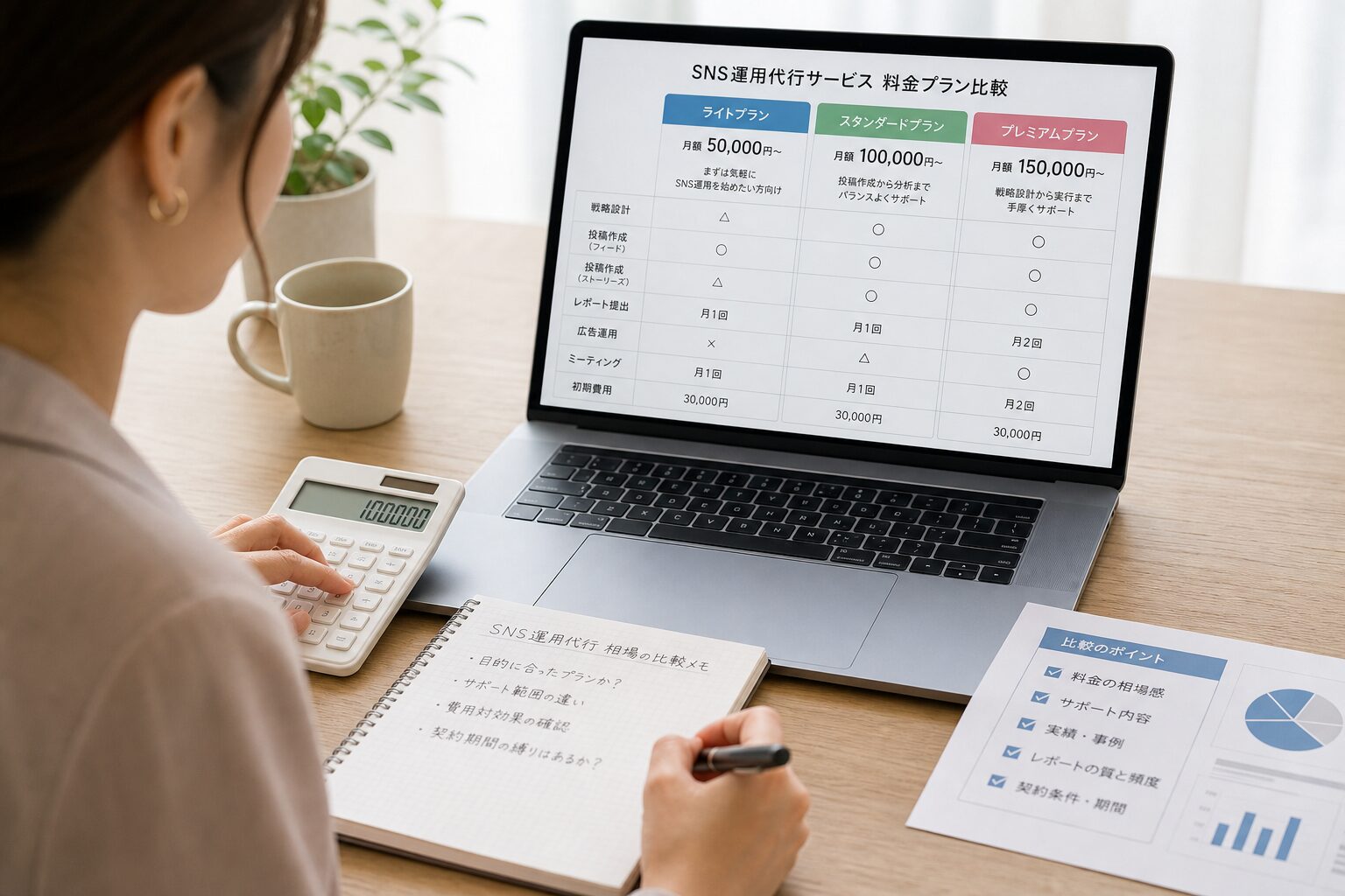 ノートパソコンと電卓を使って料金プランを比較検討している30代の女性マーケティング担当者の手元