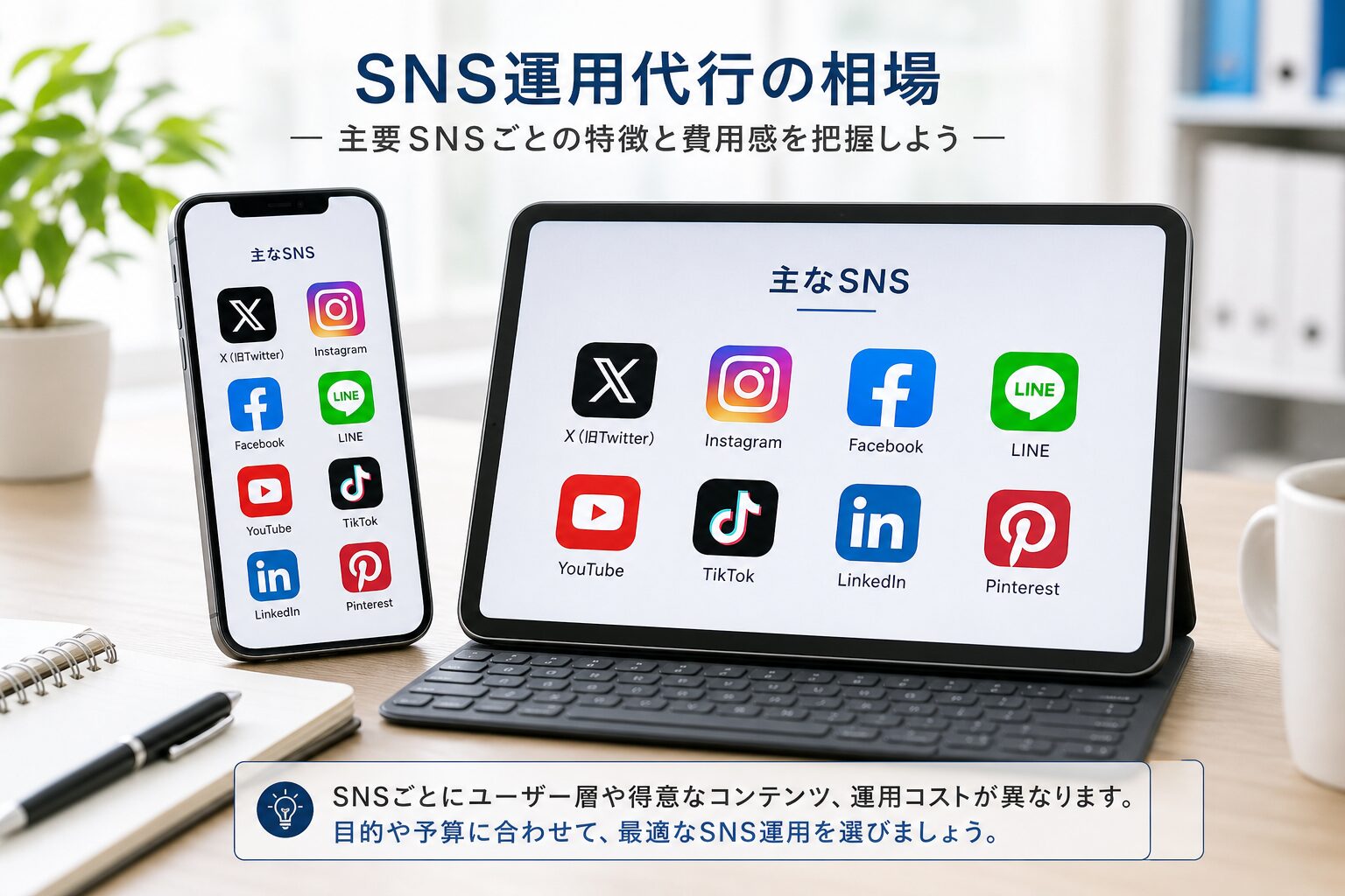 スマートフォンとタブレットで複数のSNSアプリのアイコンを並べて表示している様子、明るいオフィスのデスク