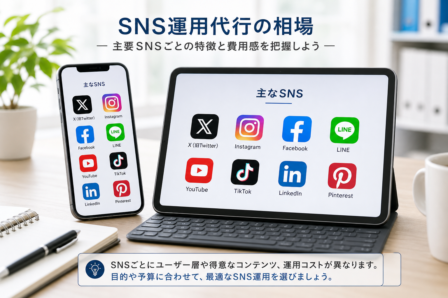 スマートフォンとタブレットで複数のSNSアプリのアイコンを並べて表示している様子、明るいオフィスのデスク