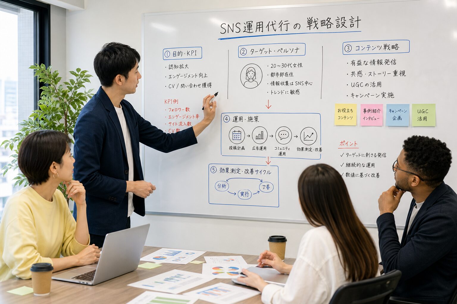 会議室でホワイトボードに戦略を書き込みながらディスカッションする多様なチームメンバーの様子