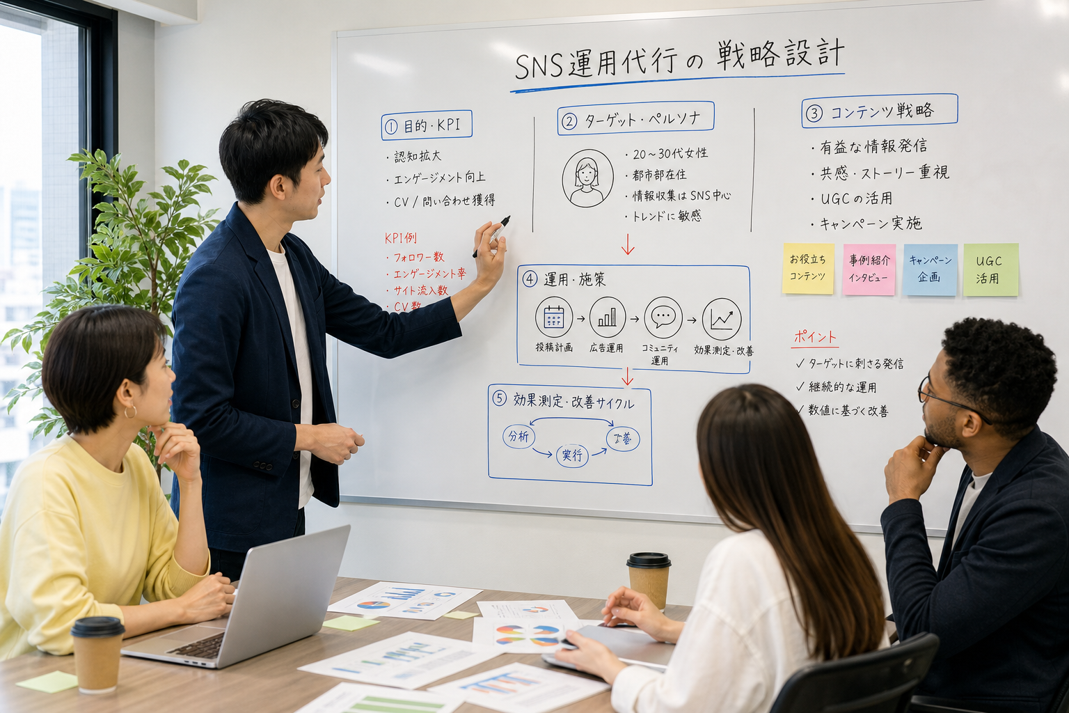 会議室でホワイトボードに戦略を書き込みながらディスカッションする多様なチームメンバーの様子