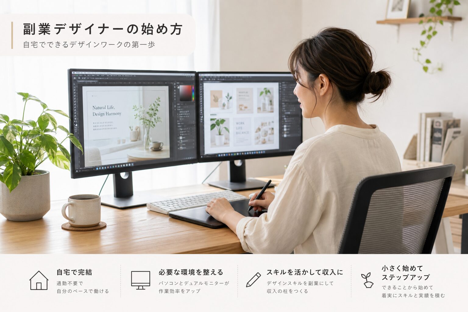 自宅のデスクでデュアルモニターを使いデザイン作業をする30代女性、横に観葉植物とコーヒーカップが置かれた明るい雰囲気