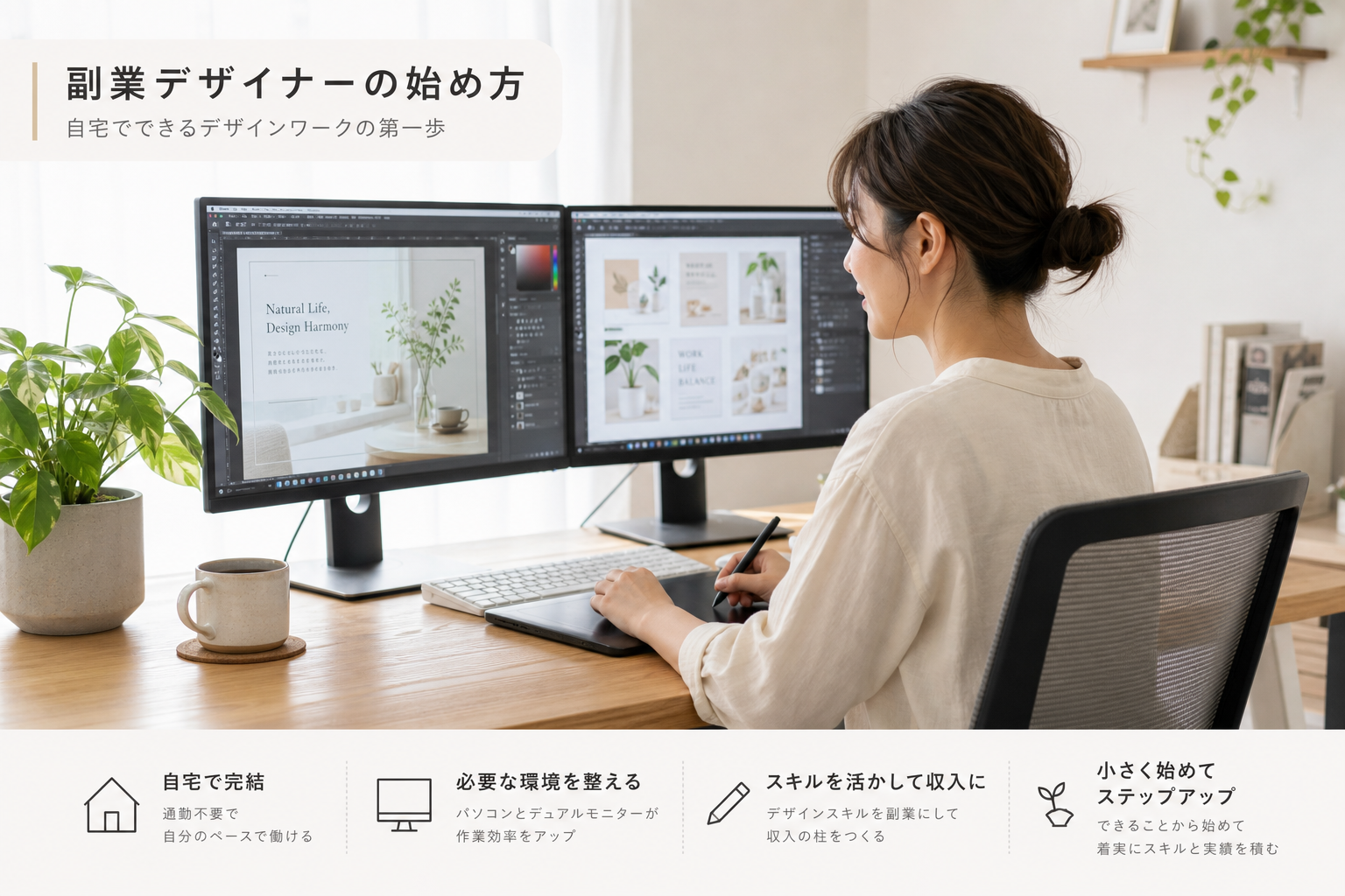 自宅のデスクでデュアルモニターを使いデザイン作業をする30代女性、横に観葉植物とコーヒーカップが置かれた明るい雰囲気