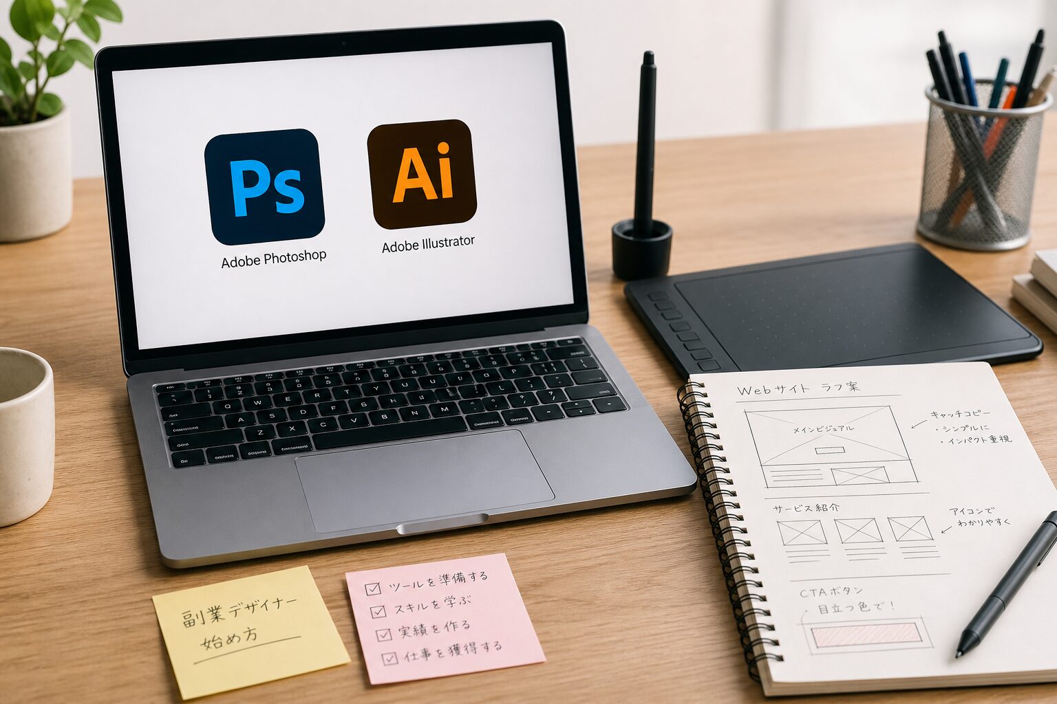 PhotoshopとIllustratorのアイコンが並ぶノートパソコンの画面、横にペンタブレットと作業中のラフスケッチノートが置かれた机