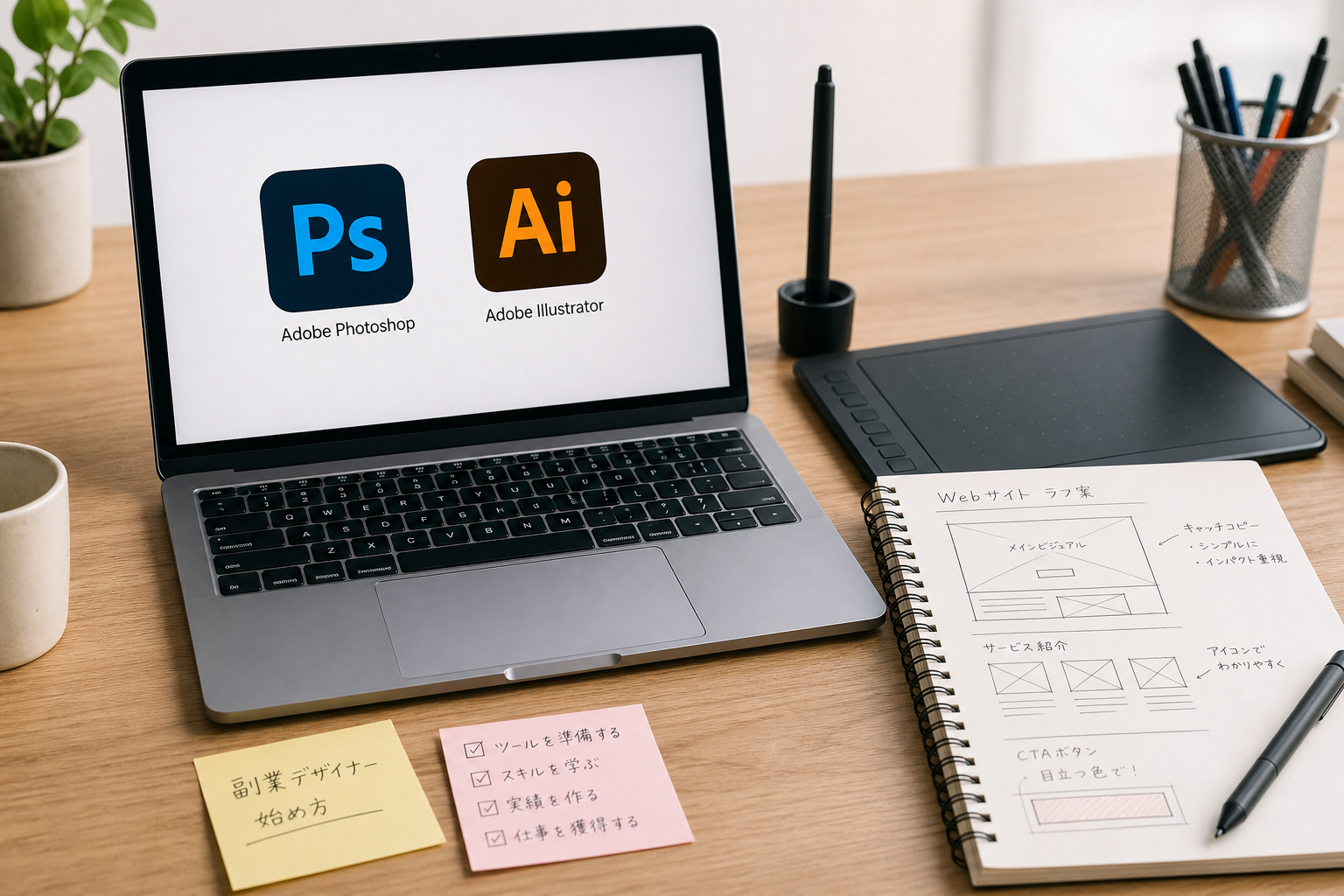 PhotoshopとIllustratorのアイコンが並ぶノートパソコンの画面、横にペンタブレットと作業中のラフスケッチノートが置かれた机