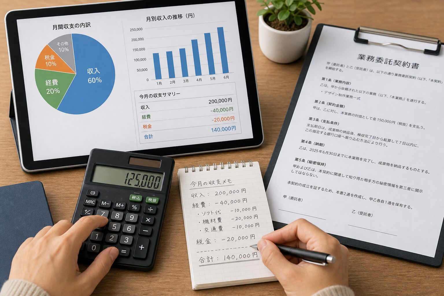 円グラフや棒グラフが映ったタブレット画面と電卓、契約書類が並ぶ机の上で計算をしている手元のクローズアップ
