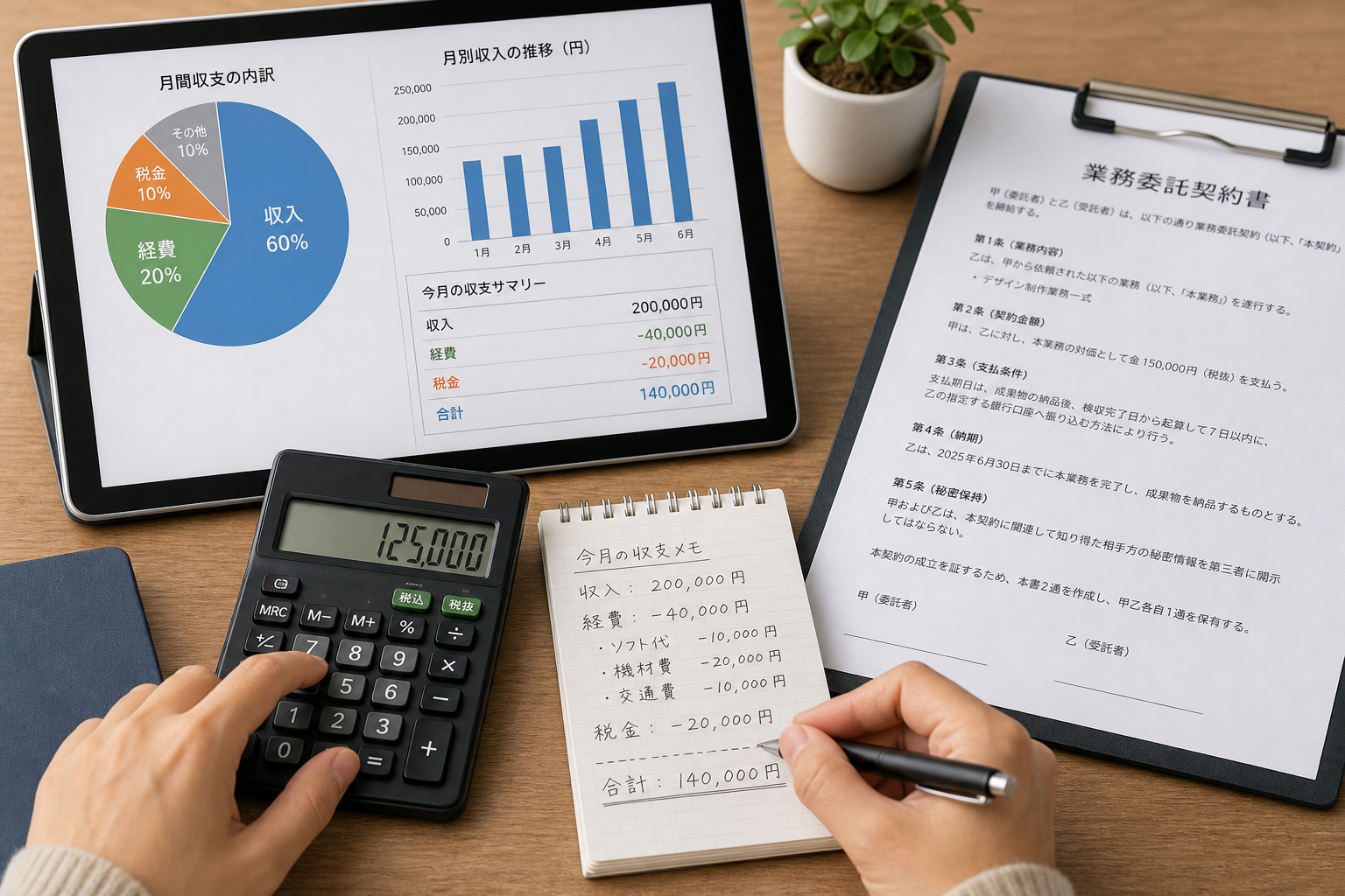 円グラフや棒グラフが映ったタブレット画面と電卓、契約書類が並ぶ机の上で計算をしている手元のクローズアップ