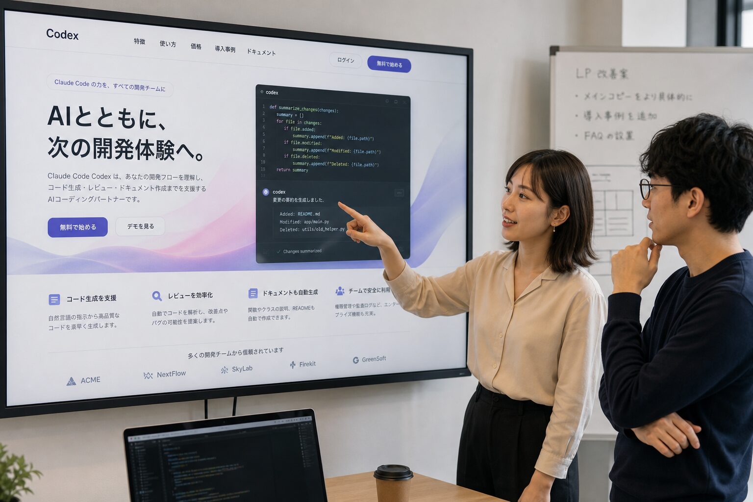 大きなディスプレイに表示された美しいランディングページのデザインカンプを指差して説明する女性デザイナーとエンジニアのペア