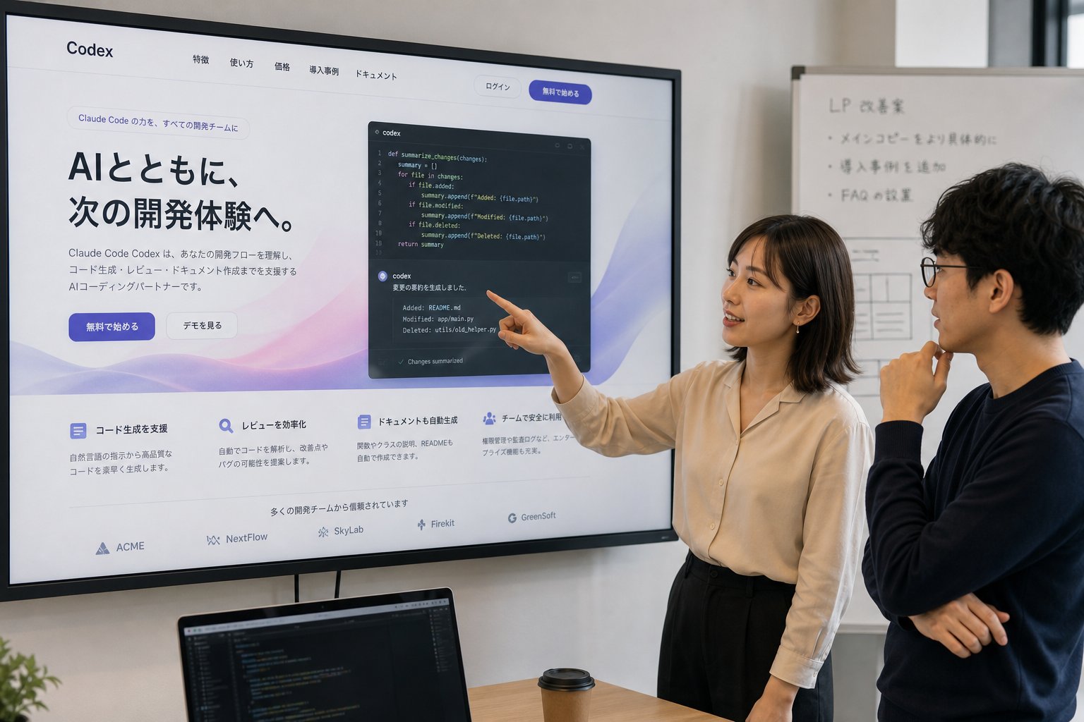 大きなディスプレイに表示された美しいランディングページのデザインカンプを指差して説明する女性デザイナーとエンジニアのペア