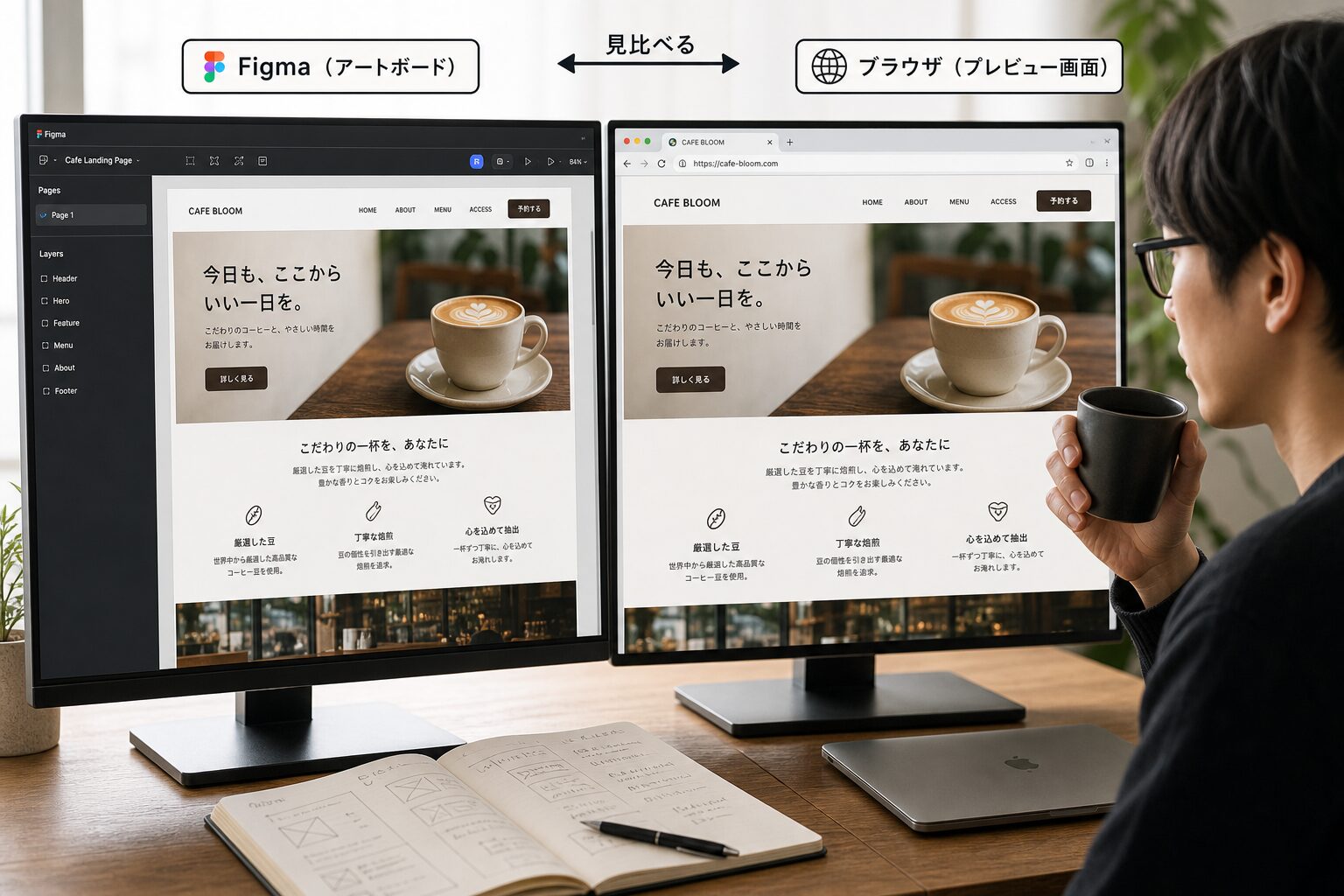 Figmaのアートボードとブラウザのプレビュー画面を並べて見比べながらコーヒーを片手にチェックしているフリーランスデザイナー
