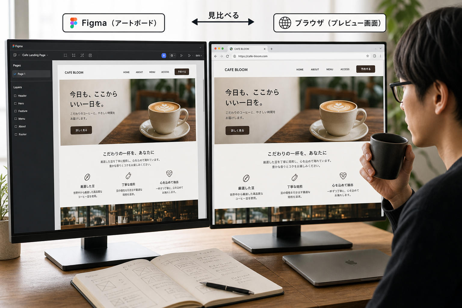 Figmaのアートボードとブラウザのプレビュー画面を並べて見比べながらコーヒーを片手にチェックしているフリーランスデザイナー