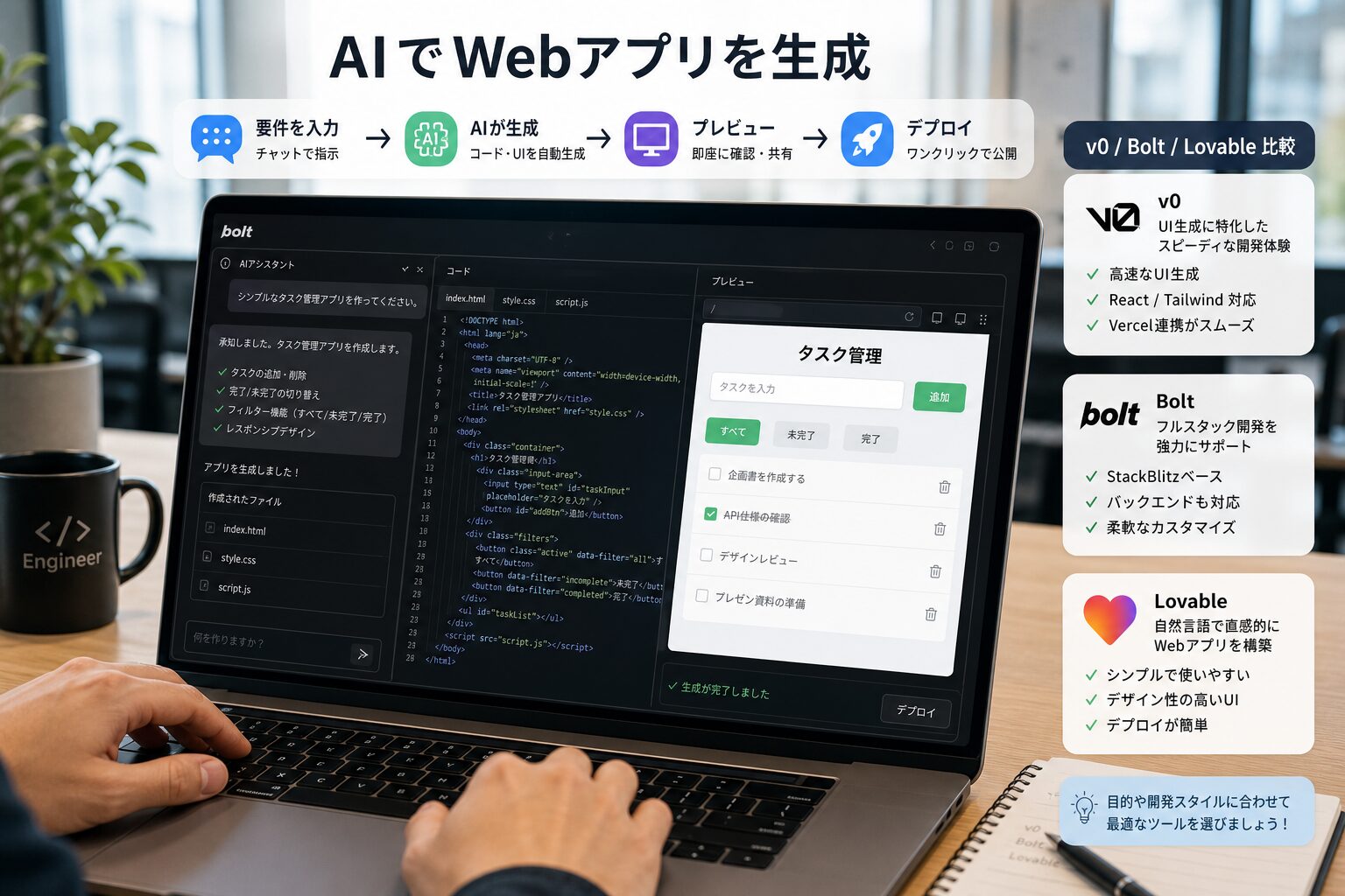 モダンなオフィスでノートパソコンを使い、AIでWebアプリを生成しているエンジニアの手元と画面