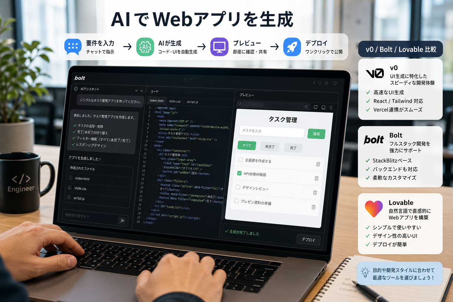 モダンなオフィスでノートパソコンを使い、AIでWebアプリを生成しているエンジニアの手元と画面