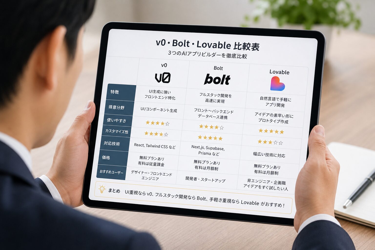 3つのAIアプリビルダーのロゴが並ぶ比較表をタブレットで見るビジネスパーソン