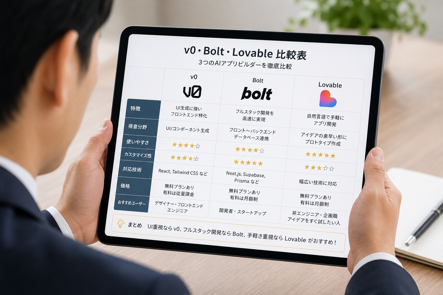 3つのAIアプリビルダーのロゴが並ぶ比較表をタブレットで見るビジネスパーソン