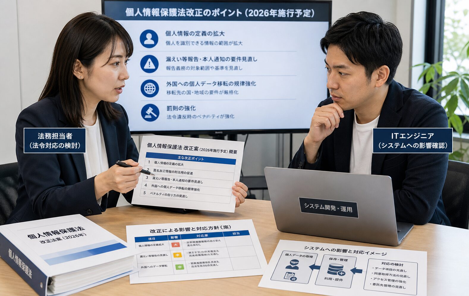 法律改正の資料を確認する企業の法務担当者とITエンジニアが会議室で議論している様子