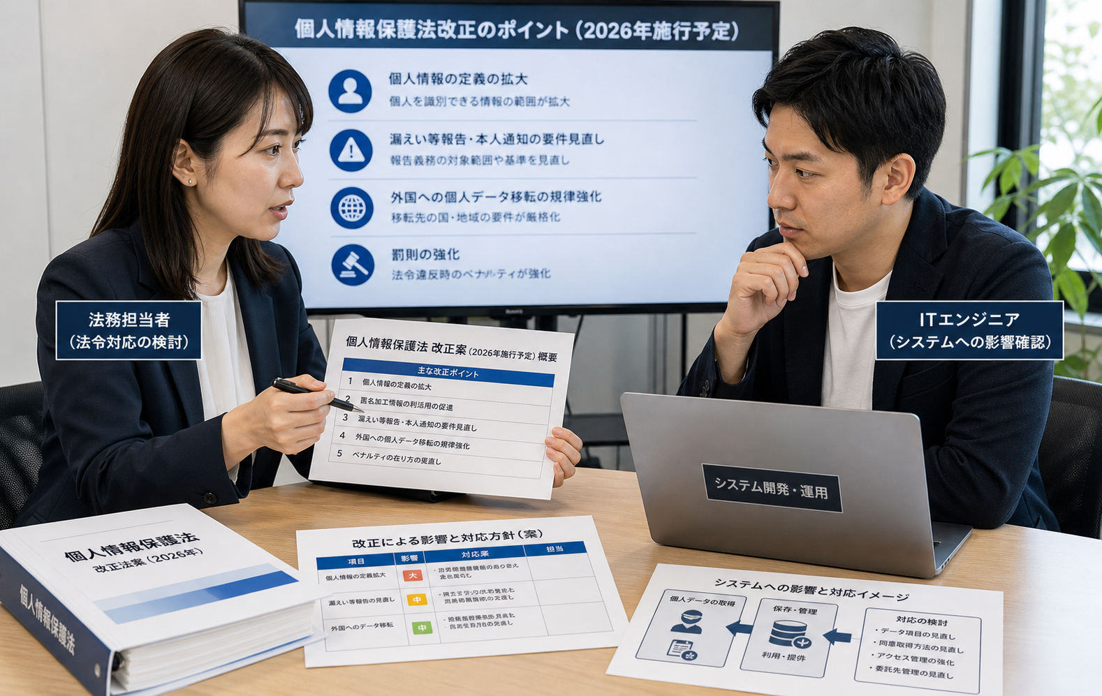 法律改正の資料を確認する企業の法務担当者とITエンジニアが会議室で議論している様子