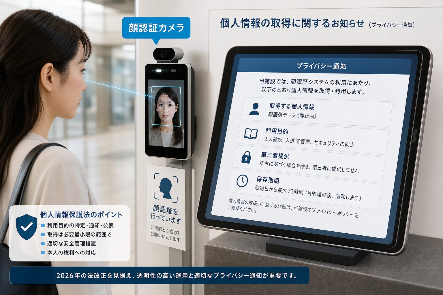顔認証カメラを見つめるユーザーとプライバシー通知が表示されたタブレット画面