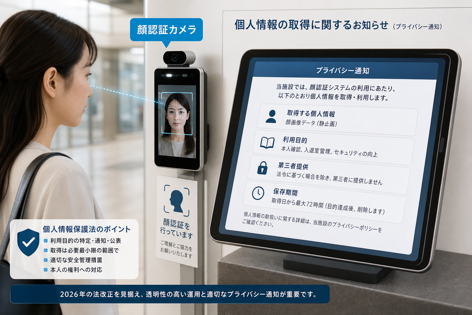 顔認証カメラを見つめるユーザーとプライバシー通知が表示されたタブレット画面