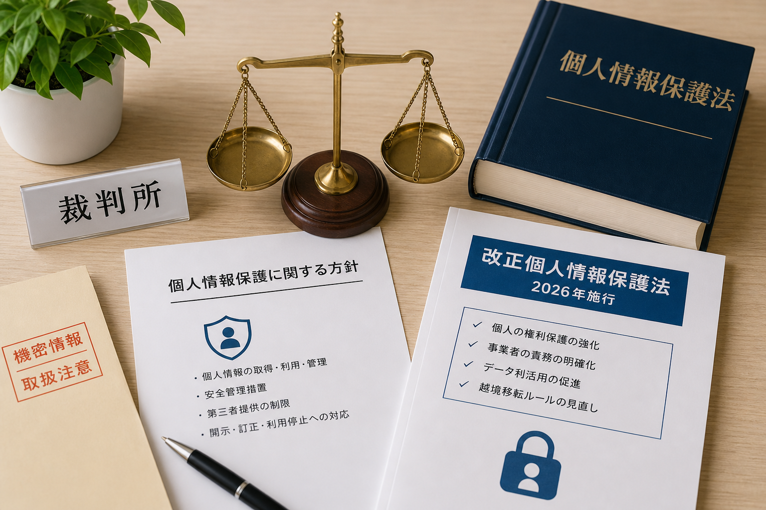 裁判所の天秤と個人情報保護に関する書類が並べられたデスクの俯瞰ショット